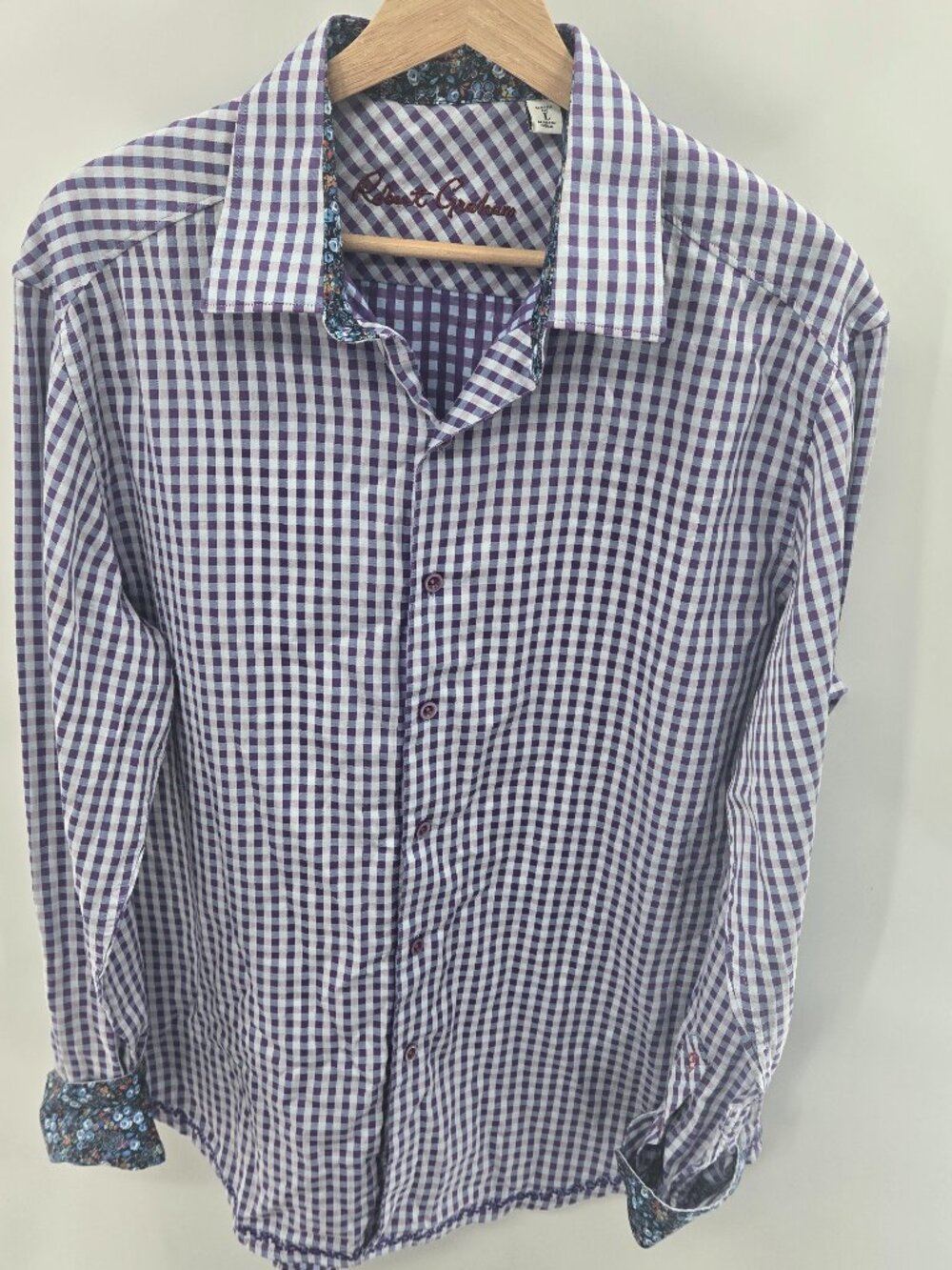 Robert Graham Men's Purple Gingham Check Long Sleeve Button Up Shirt Large